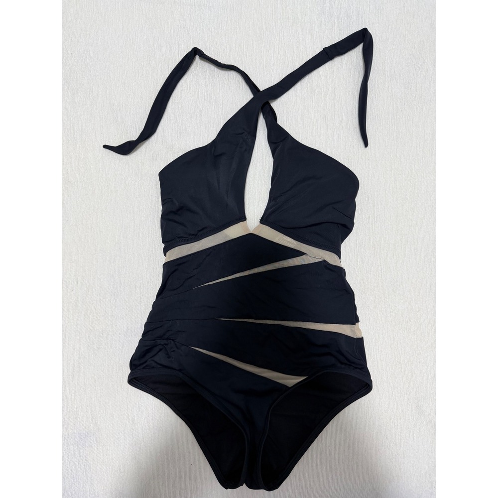 Moeva London Black Mesh Panel Plunge Halter One‑Piece Swimsuit S - Picture 7 of 9